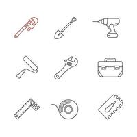 Construction tools linear icons set. Monkey wrench, spade, cordless drill, paint roller, tool box, set square, adhesive tape roll. Thin line contour symbols. Isolated vector outline illustrations