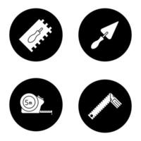 Construction tools glyph icons set. Rectangular notched, triangular shovel, measuring tape, set square. Vector white silhouettes illustrations in black circles