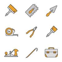 Construction tools color icons set. Paint brushes, rectangular notched trowel, triangular shovel, measuring tape, nippers, jack plane, crowbar, tool box. Isolated vector illustrations