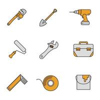Construction tools color icons set. Monkey wrench, spade, cordless drill, paint roller and bucket, tool box, set square, adhesive tape roll. Isolated vector illustrations