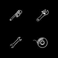 Construction tools chalk icons set. Monkey wrench, spanners, adhesive tape roll. Isolated vector chalkboard illustrations