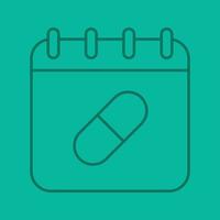 Medications taking schedule linear icon. Calendar page with pill. Thin line outline symbols on color background. Vector illustration