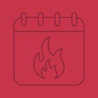 Deadline date linear icon. Calendar page with burning fire. Thin line outline symbols on color background. Vector illustration