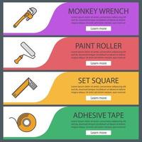 Construction tools web banner templates set. Monkey wrench, paint roller, set square, adhesive tape roll. Website color menu items. Vector headers design concepts