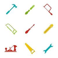 Construction tools glyph color icon set. Hammer, chisels, hacksaw, fretsaw, hand saw, jack plane, screwdriver, wrench. Silhouette symbols on white backgrounds. Negative space. Vector illustrations
