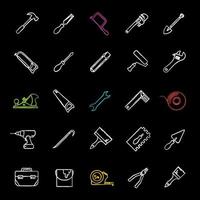 Construction tools chalk icons set. Renovation and repair instruments. Jack plane, paint brushes, spade, cordless drill, monkey wrench, chisel, crowbar, hammer. Isolated vector chalkboard illustration