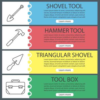 Conjunto de plantillas de banner web de herramientas de construcción. pala, martillo, pala triangular, caja de herramientas. elementos del menú de color del sitio web con iconos lineales. conceptos de diseño de encabezados vectoriales vector