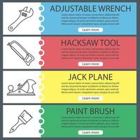 Construction tools web banner templates set. Adjustable wrench, hacksaw, jack plane, paint brush. Website color menu items with linear icons. Vector headers design concepts