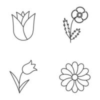 Flowers linear icons set. Rosebud, poppy, tulip, chamomile. Thin line contour symbols. Isolated vector outline illustrations