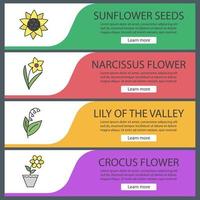 Flowers web banner templates set. Sunflower head, daffodil, lily of the valley, crocus. Website color menu items. Vector headers design concepts