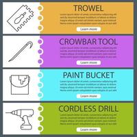 Construction tools web banner templates set. Rectangular notched trowel, paint bucket, crowbar, cordless drill. Website color menu items with linear icons. Vector headers design concepts