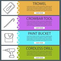 Construction tools web banner templates set. Rectangular notched trowel, paint bucket, crowbar, cordless drill. Website color menu items with linear icons. Vector headers design concepts