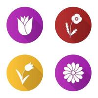 conjunto de iconos de glifo de larga sombra de diseño plano de flores. capullo de rosa, amapola, tulipán, manzanilla. ilustración de silueta de vector