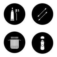 Hygienic products glyph icons set. Earsticks package, toothpaste with brush, roll antiperspirant. Vector white silhouettes illustrations in black circles