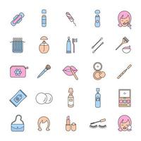 Cosmetics accessories color icons set. Women goods. Hygienic care products. Toiletries. Makeup. Isolated vector illustrations