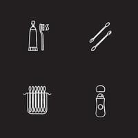 Hygienic products chalk icons set. Earsticks package, toothpaste with brush, roll antiperspirant. Isolated vector chalkboard illustrations