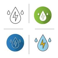 Water energy icon. Flat design, linear and color styles. Water drops with lightning inside. Hydro power plant. Isolated vector illustrations