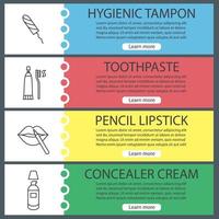 Cosmetics accessories web banner templates set. Hygienic tampon, toothpaste, pencil lipstick, concealer cream. Website color menu items with linear icons. Vector headers design concepts