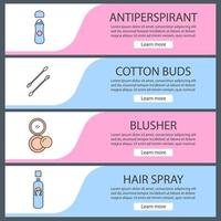 Cosmetics accessories web banner templates set. Antiperspirant, cotton buds, blusher, hair spray. Website color menu items. Vector headers design concepts