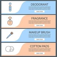 Cosmetics accessories web banner templates set. Deodorant, perfume, makeup brush, cotton pads. Website color menu items. Vector headers design concepts