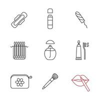 Cosmetics accessories linear icons set. Deodorant, sanitary tampon, earsticks package, perfume, toothpaste, cosmetic bag, makeup brush. Thin line contour symbols. Isolated vector outline illustrations