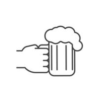 Hand holding beer glass linear icon. Thin line illustration. Cheers. Contour symbol. Vector isolated outline drawing