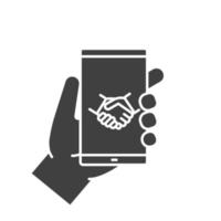 Hand holding smartphone glyph icon. Silhouette symbol. Smart phone business app. Negative space. Vector isolated illustration