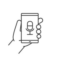 Hand holding smartphone linear icon. Thin line illustration. Smartphone voice recorder. Contour symbol. Vector isolated outline drawing