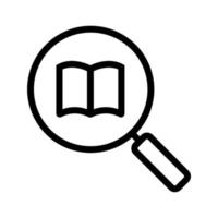 Book search linear icon. Thick line illustration. Magnifying glass with book. Contour symbol. Vector isolated outline drawing