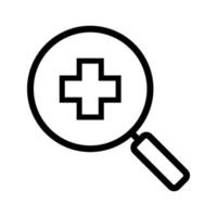 Hospital search linear icon. Thick line illustration. Magnifying glass with medical cross. Contour symbol. Vector isolated outline drawing