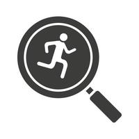 Running man inside loupe glyph icon. Silhouette symbol. Magnifying glass with runner. Negative space. Vector isolated illustration