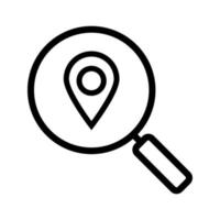 Location search linear icon. Thick line illustration. Magnifying glass with map pinpoint. Contour symbol. Vector isolated outline drawing