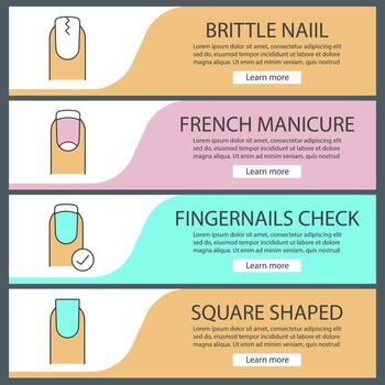 Manicure web banner templates set. Brittle and square shaped nails, french manicure, fingernails check. Website color menu items. Vector headers design concepts