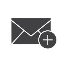 Add email glyph icon. Silhouette symbol. Email letter with plus. Negative space. Vector isolated illustration