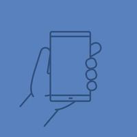 Hand holding smartphone linear icon. Thin line outline symbols on color background. Vector illustration