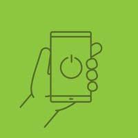 Hand holding smartphone linear icon. Turn off smart phone. Thin line outline symbols on color background. Vector illustration