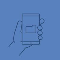 Hand holding smartphone linear icon. Smart phone file manager. Thin line outline symbols on color background. Vector illustration