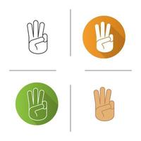 Three fingers up icon. Flat design, linear and color styles. Scout promise sign. Isolated vector illustrations