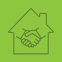 Real estate deal linear icon. House with handshake inside. Property purchase. Thin line outline symbols on color background. Vector illustration