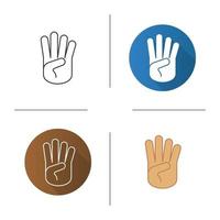 Four fingers hand gesture icon. Flat design, linear and color styles. Isolated vector illustrations