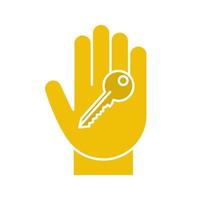 Hand with key glyph color icon. Realty purchase. Private property owner. Silhouette symbol on white background. Negative space. Vector illustration