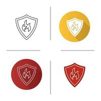 Firefighters badge icon. Flat design, linear and glyph color styles. Protection shield with fire. Flammable sign. Isolated vector illustrations
