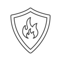 Firefighters badge linear icon. Thin line illustration. Protection shield with fire. Contour symbol. Vector isolated outline drawing