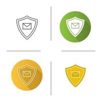 Email security icon. Flat design, linear and color styles. Sms message inside protection shield. Spam filter protection. Isolated vector illustrations