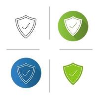 Security check icon. Flat design, linear and glyph color styles. Protection shield with tick mark. Isolated vector illustrations