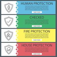 Protection shields web banner templates set. Bodyguard, firefighters badge, real estate and checked security. Website color menu items with linear icons. Vector headers design concepts