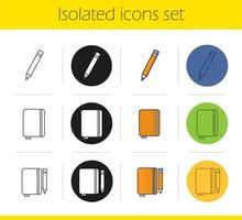 Diary notebooks with pencils icons set. Linear, black and color styles. Notepads with bookmarks. Isolated vector illustrations