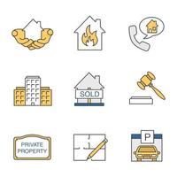 Real estate market color icons set. House in hands, multi-storey building, floor plan, parking place, sold house, private property sign, gavel. Isolated vector illustrations