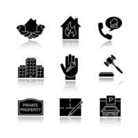 Real estate drop shadow black glyph icons set. House in hands, multi-storey building, floor plan, parking place, private property sign, gavel, hand with key. Isolated vector illustrations