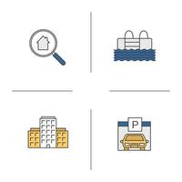 Real estate color icons set. Multi-storey building, swimming pool, parking place, real estate search. Isolated vector illustrations